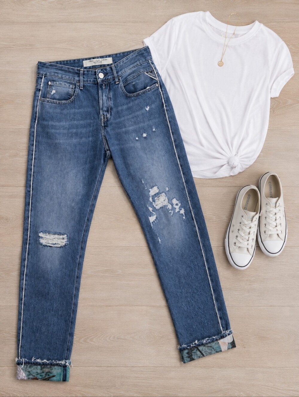 REPLAY Maestro Denim Women Distressed Blue Jeans Boyfriend Graphic Hem Sz 30-32